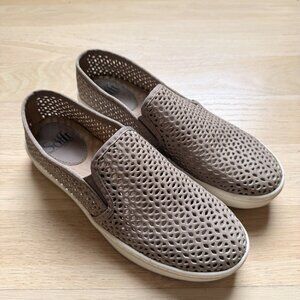 Sofft Womens 6.5 Somers 2 Sneaker Tan Brown Leather Stretch Knit Slip On Shoe